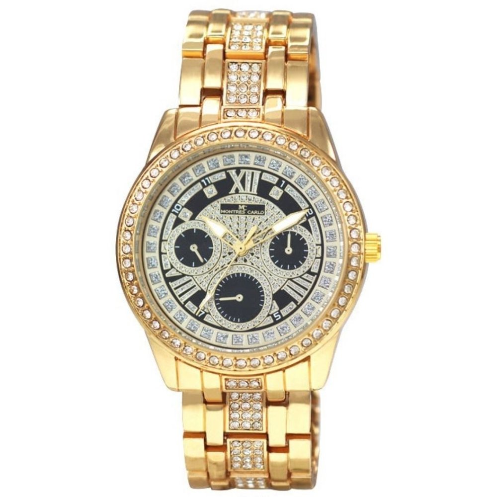 42mm Montres Carlo Women Luxury Gold Black Sparkling Stone Fashion Dress Watch